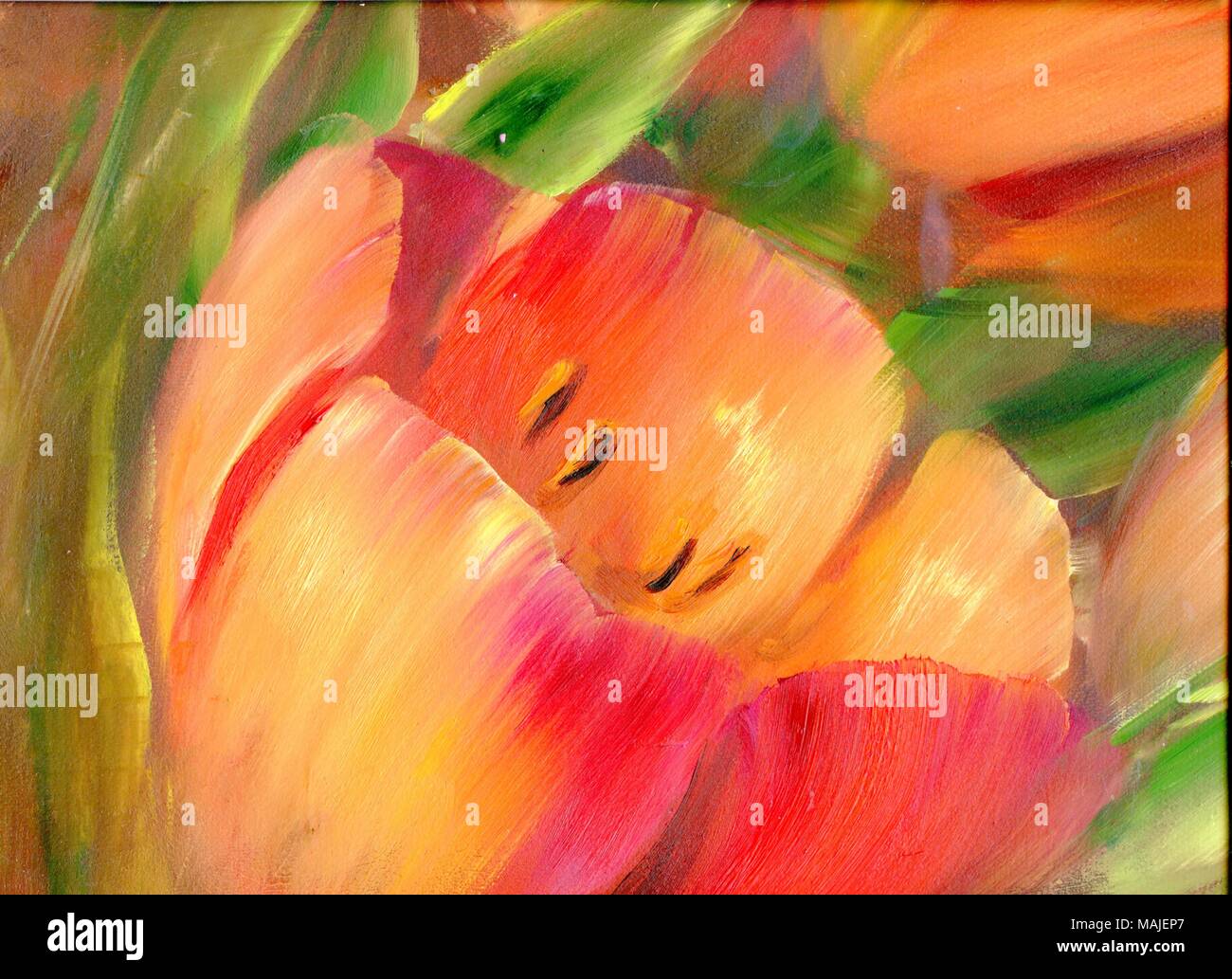 Vintage tulipani rossi la pittura ad olio. Foto Stock