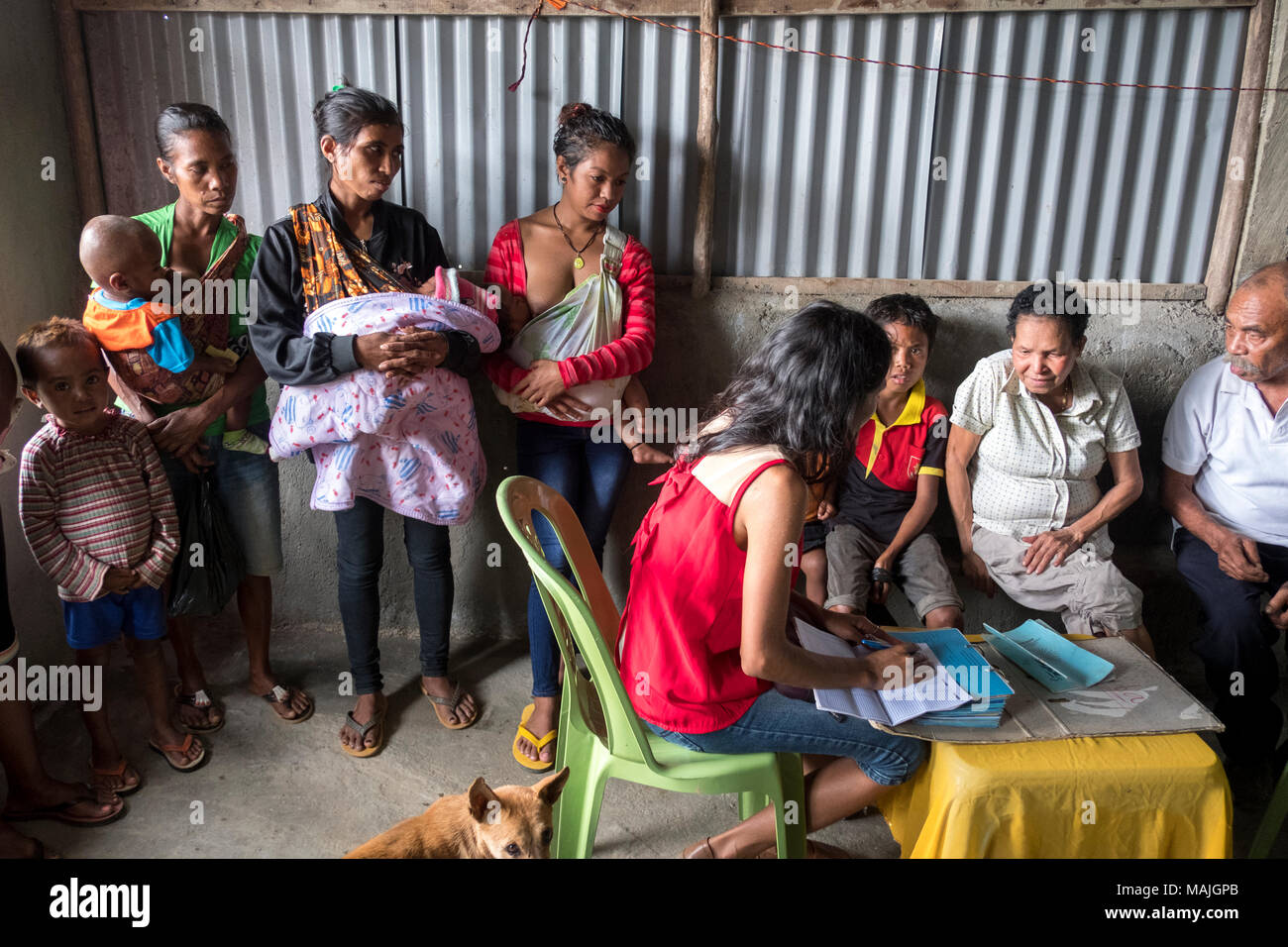 Padre Antonio Martins Abad-Santos, un filippino medico/sacerdote gesuita conosciuto come Padre Bong, corre un mobile clinica medica nel terreno montuoso di Timor Est. La mancanza di mezzi di trasporto e condizioni di isolati rendono difficile per le persone rurali di ricevere una adeguata assistenza sanitaria. Fr Bong viaggi con due assistenti di zone isolate nei distretti di Ermera e Liquica. Pazienti di controllare la loro salute i record con un assistente presso la frazione Naisuta nel distretto di Ermera. Foto Stock