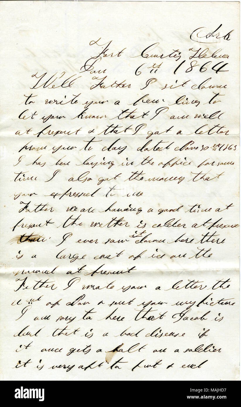 Menziona il meteo e le celebrazioni del Natale. Include la busta. Trascrizione: Arca Fort Curtis Helena Jan 6 1864 Ben padre mi siedo a scrivere poche righe per farvi sapere che sto bene al presente e che ho ricevuto una lettera da voi al giorno datato Nov 30 1865 MI[t] è stata la posa in ufficio per qualche tempo ho anche avuto il denaro che mi avete espresso in Padre siamo avente una buona volta a presentare il castrato è più fredda a presant che io abbia mai visto che qui vi è un ampio strato di ghiaccio sul terreno a presant Padre vi ho scritto una lettera il 22 Nov & ti ha inviato la mia foto ho sory per Foto Stock