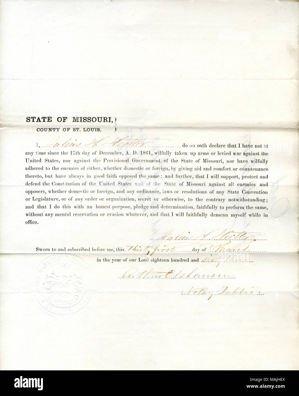 Giura di giuramento di fedeltà al Governo degli Stati Uniti e dello Stato del Missouri. Titolo: il giuramento di fedeltà di Giulio H. Hertter del Missouri, nella contea di San Luigi . Il 4 aprile 1863. Hertter, J.H. Foto Stock