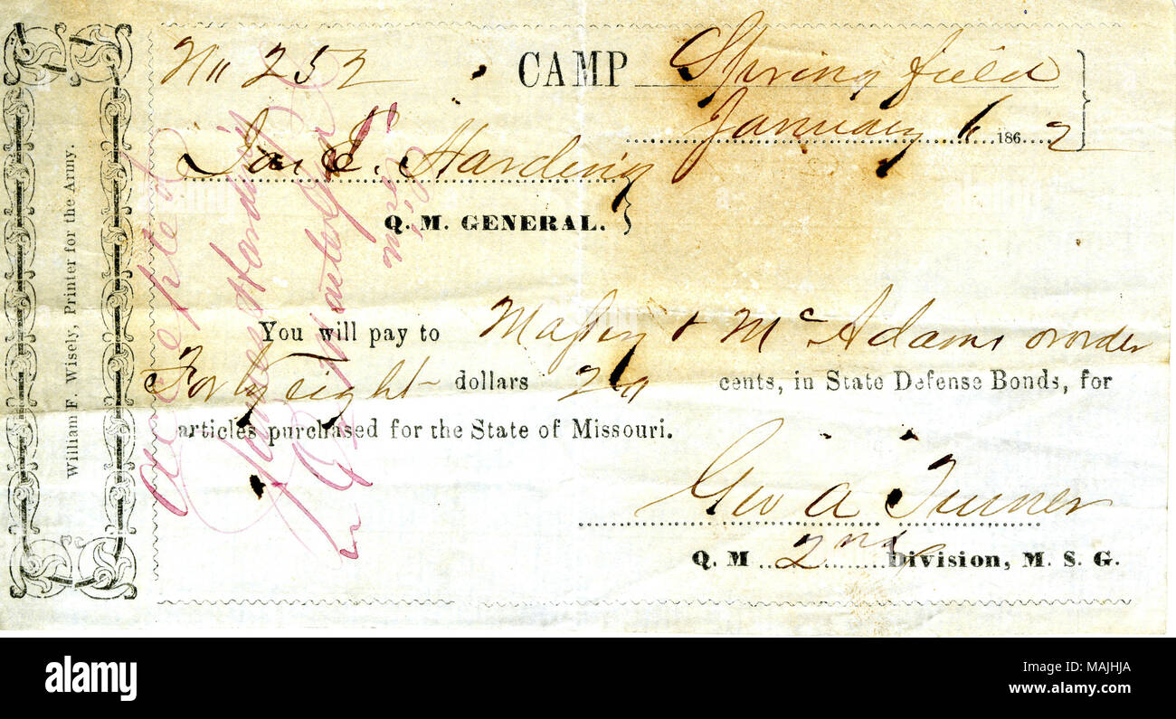 Chiede Harding di pagare Massey e McAdams $48.24 in difesa dello Stato di obbligazioni per articoli acquistati per lo stato del Missouri. Titolo: richiesta di pagamento da parte di generale A. Turner, Springfield, a James E. Harding, 1 gennaio 1862 . 1 gennaio 1862. Turner, A. Foto Stock