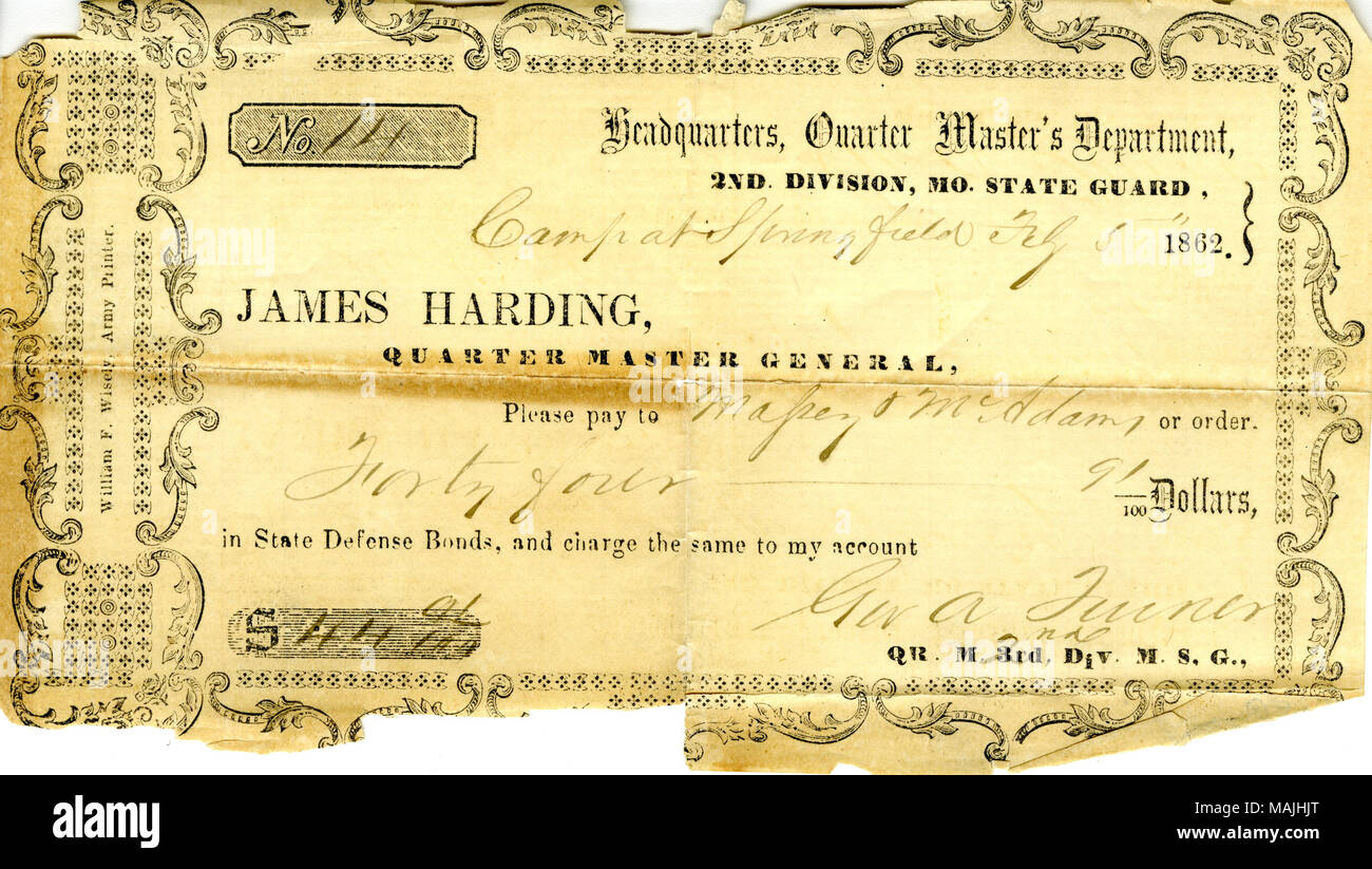 Chiede Harding di pagare Massey e McAdams $44 in difesa dello Stato di obbligazioni. Titolo: la richiesta di pagamento del generale A. Turner, camp a Springfield, a James Harding, 5 febbraio 1862 . 5 febbraio 1862. Turner, A. Foto Stock