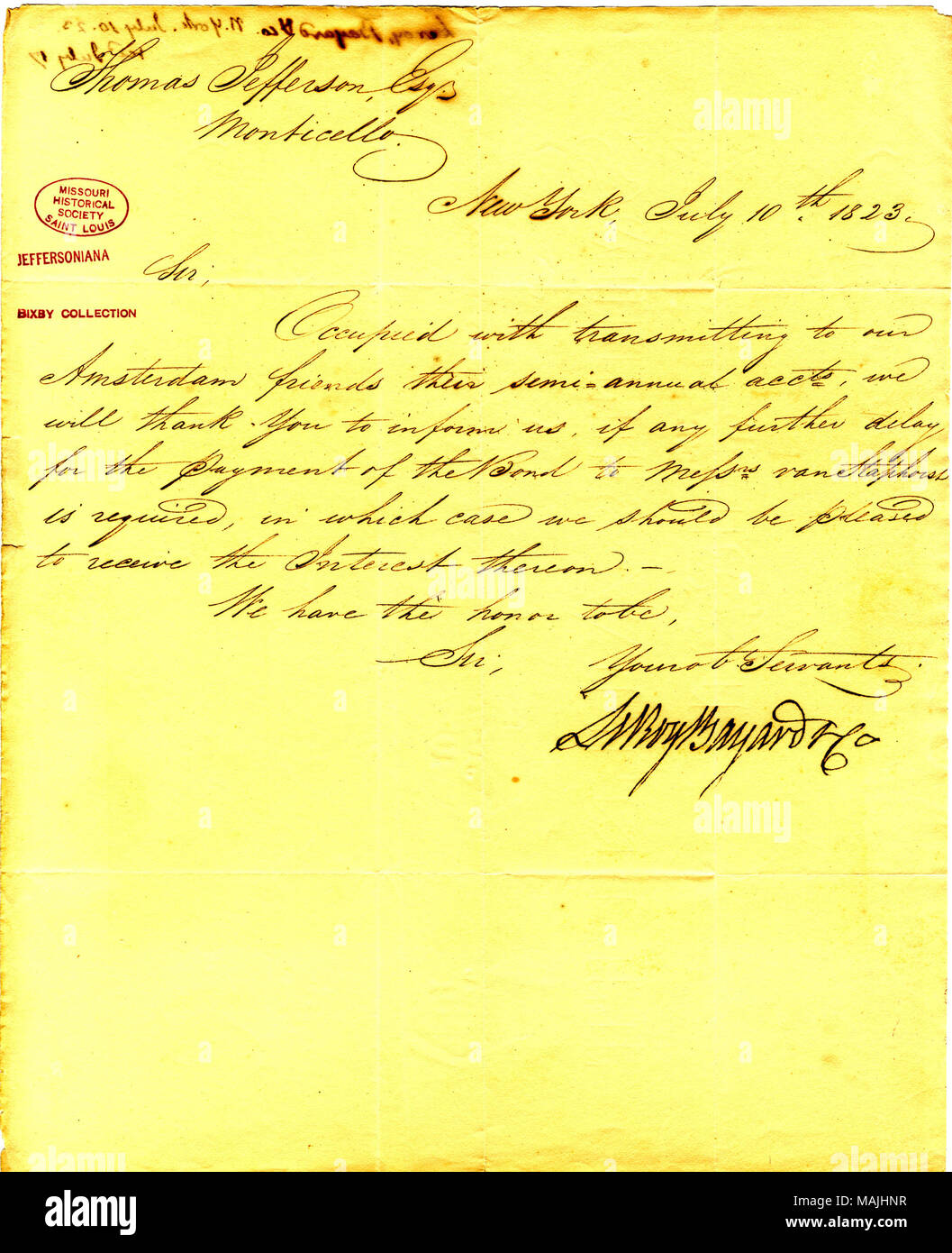 Vorrei ricevere gli interessi del Van Staphorst bond. (2 pagine) Titolo: lettera firmata Leroy, Bayard e Co., New York, di Thomas Jefferson, luglio 10, 1823 . Il 10 luglio 1823. Leroy, Bayard e Co. Foto Stock