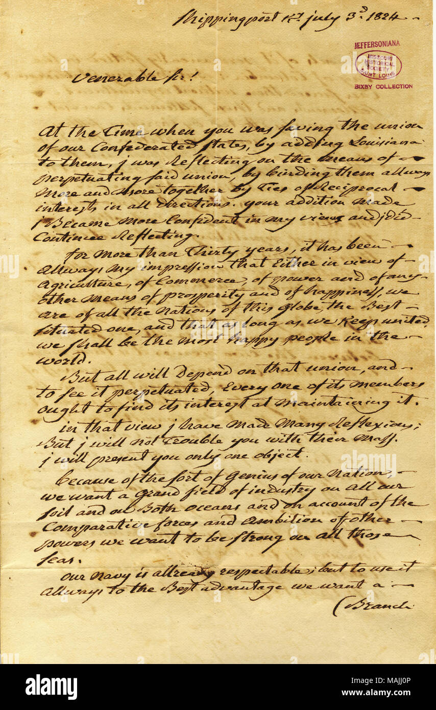 Scrive sulla correttezza del che istituisce un carro strada verso l'Oceano Pacifico. Egli vorrebbe Jefferson per indurre alcune tipografie di giornali di pubblicare le sue idee. Racchiude una circolare ha scritto. (4 pagine) contenitore: una pagina intitolata circolare " per il popolo degli Stati Uniti, sulla correttezza del che istituisce un carro Road, dal fiume Missouri al fiume Columbia, dell'Oceano Pacifico." (1 pagina) (sovradimensionato) Titolo: lettera firmata Lewis A. Tarascon, Shippingport, Kentucky, di Thomas Jefferson, 3 luglio 1824 . Il 3 luglio 1824. Tarascon, Lewis A. Foto Stock