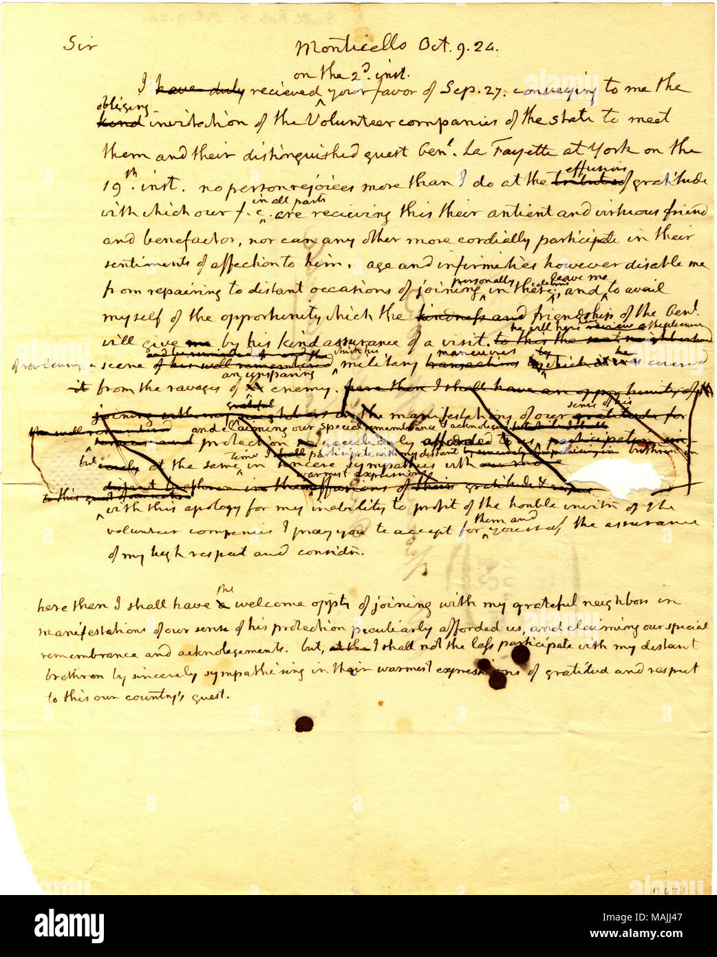 Rifiuta l'invito della società di volontari della Virginia a causa di età e di infermità. (2 pagine) Titolo: Lettera di Thomas Jefferson, Monticello, a Robert G. Scott, Ottobre 9, 1824 . Il 9 ottobre 1824. Jefferson, Thomas, 1743-1826 Foto Stock