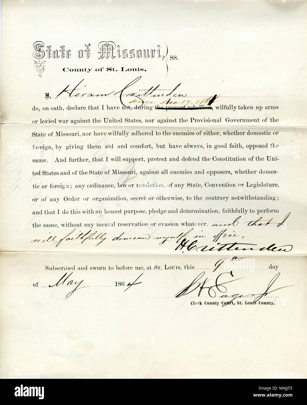Giura di giuramento di fedeltà al Governo degli Stati Uniti e dello Stato del Missouri. Titolo: il giuramento di fedeltà di Hiram Crittenden del Missouri, nella contea di San Luigi . 9 maggio 1864. Crittenden, Hiram Foto Stock