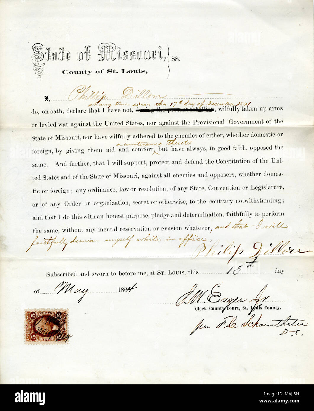 Giura di giuramento di fedeltà al Governo degli Stati Uniti e dello Stato del Missouri. Titolo: il giuramento di fedeltà di Phillip Dillion del Missouri, nella contea di San Luigi . Il 13 maggio 1864. Dillion, P. Foto Stock