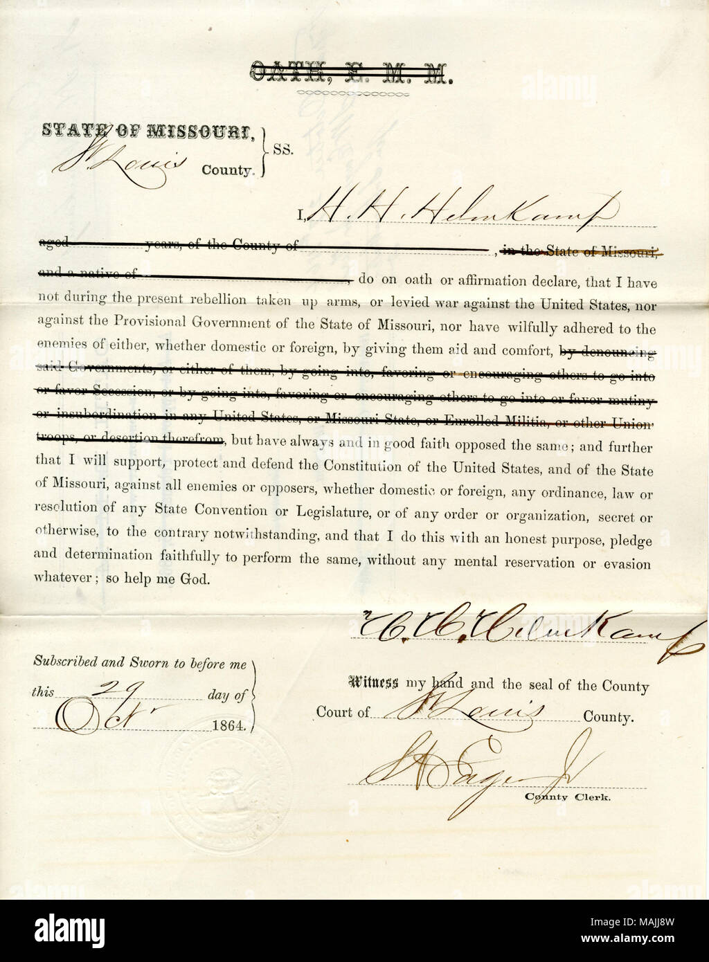 Giura di giuramento di fedeltà al Governo degli Stati Uniti e dello Stato del Missouri. Titolo: il giuramento di fedeltà di H. H. Helmkamp del Missouri, nella contea di San Luigi . Il 27 ottobre 1864. Helmkamp, H. H. Foto Stock