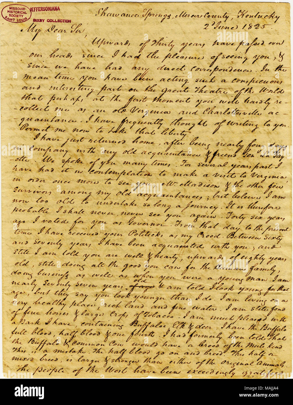 Thompson è un vecchio Charlottesville vicino che non ha visto il Jefferson per trent'anni. È appena tornato da vedendo Gen. Lafayette ed è stato impressionato con il suo parco di Buffalo, alci, cervi e. Thompson, ora vivono in Kentucky, descrive il suo stato ?s problemi finanziari e la creazione di una banca del Commonwealth dove lo stato è il solo azionista. (6 pagine) Titolo: lettera firmata George Thompson, Shawanee molle, Mercer County, Kentucky, di Thomas Jefferson, Giugno 2, 1825 . 2 Giugno 1825. Thompson, George Foto Stock