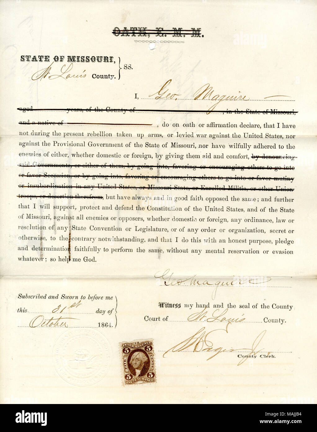 Giura di giuramento di fedeltà al Governo degli Stati Uniti e dello Stato del Missouri. Titolo: il giuramento di fedeltà di Geo. Maguire del Missouri, nella contea di San Luigi . Il 31 ottobre 1864. Maguire, G. Foto Stock