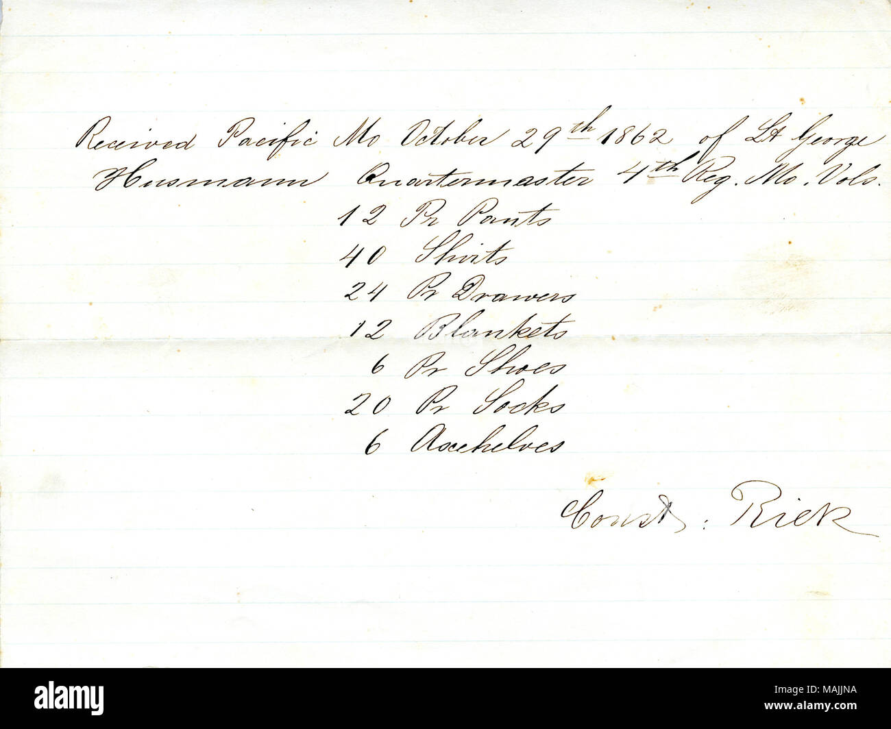 Membri che di Costanza Riek ricevuto il elencati di abbigliamento dal Tenente George Hermann, Intendente del quarto Missouri fanteria. Titolo: ricezione di abbigliamento firmato di Costanza Riek, Ottobre 29, 1862 . Il 29 ottobre 1862. Riek, Costanza Foto Stock