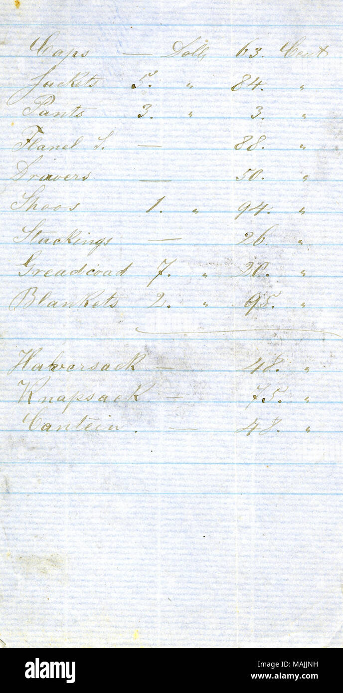 Include il valore dei capi di abbigliamento. Titolo: Record di abbigliamento ricevuta nella quarta Missouri fanteria, 1861-1863 . tra il 1861 e il 1863. Foto Stock