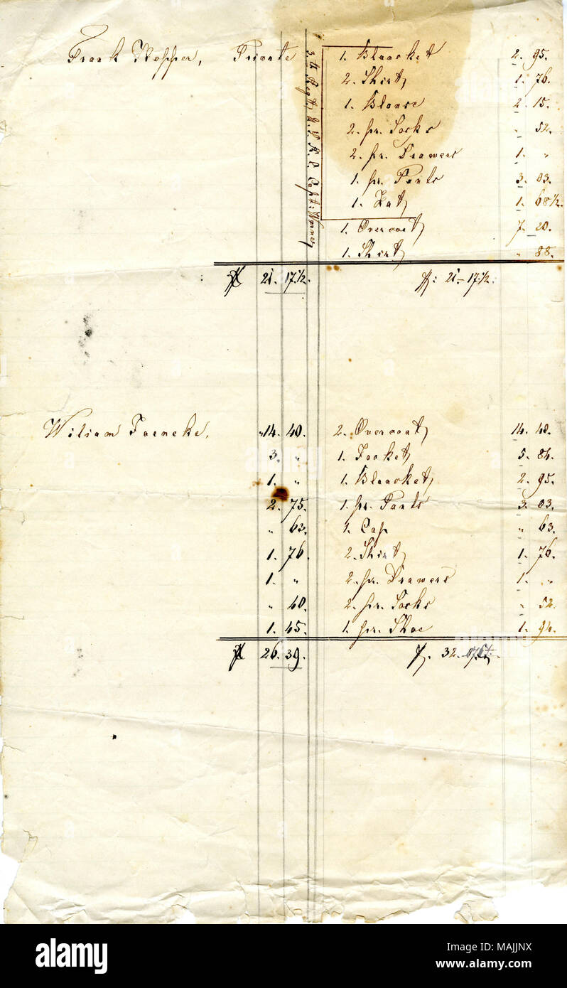 Titolo: Record di abbigliamento rilasciati ai soldati nel 3° Reggimento U.S.R.C., capitanata da Werner, January-October 1862 . 1862. Foto Stock