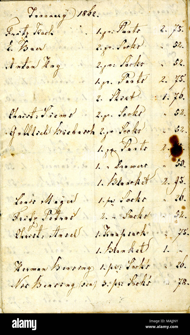 Titolo: Record di capi di abbigliamento e i materiali di consumo rilasciato a soldati [del quarto Missouri fanteria], January-October 1862 . 1862. Foto Stock