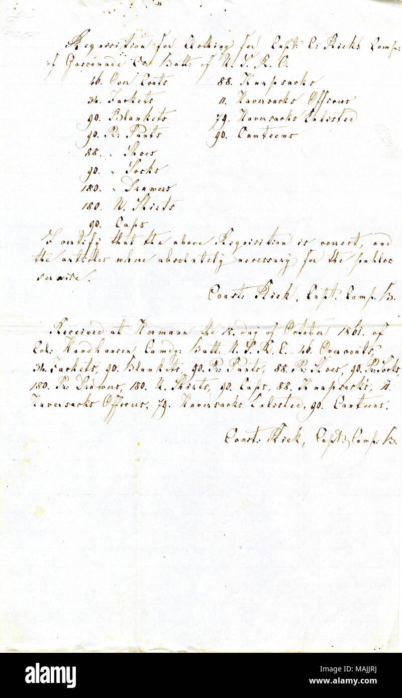 Titolo: Richiesta per abbigliamento ricevuto dal capitano di Costanza Riek per la sua contea di Gasconade battaglione del U.S.R.C., 1861-1863 . tra il 1861 e il 1863. Riek, Costanza Foto Stock