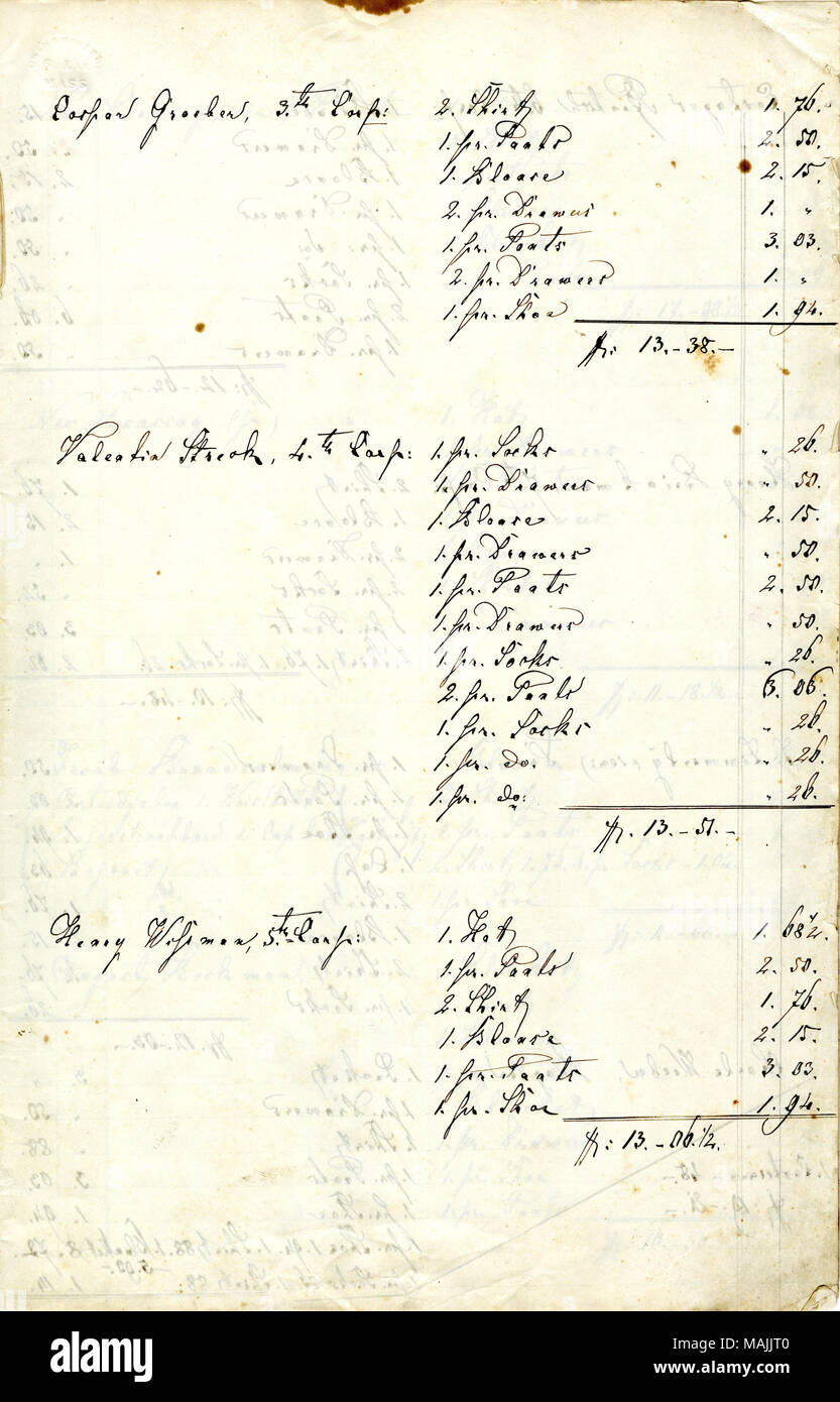 Elenco abbigliamento rilasciati ai soldati nella società C del quarto Missouri fanteria. Titolo: Record di abbigliamento e materiali di consumo, 1861-1863 . tra il 1861 e il 1863. Foto Stock