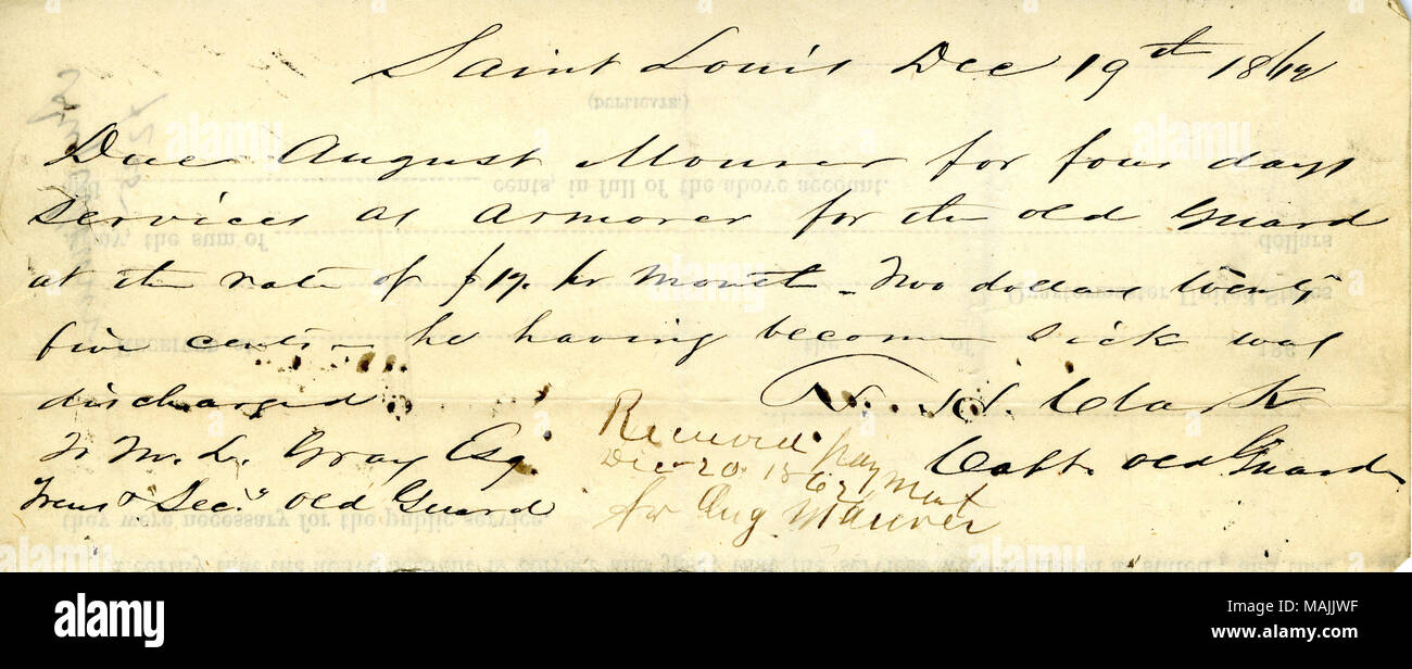 Pagamento per quattro giorni di servizio come armorer per la vecchia guardia (St. Louis, Missouri). Titolo: ricevuta di pagamento di $2.25 ricevuto da agosto Mauner da M.L. Grigio, Dicembre 19, 1862 . Il 19 dicembre 1862. Clark, N. H. Foto Stock