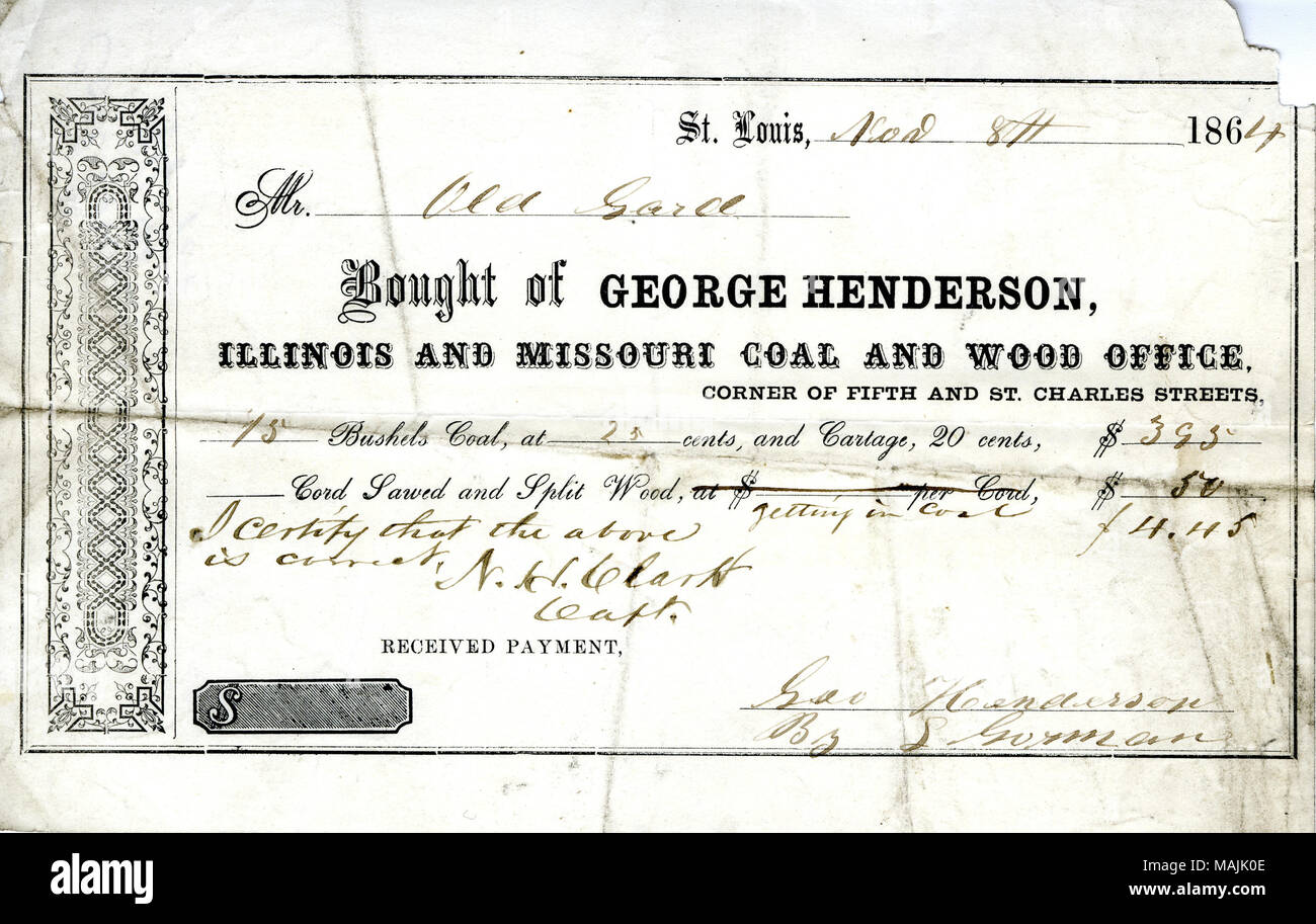 Per il pagamento di una bolletta di carbone. Titolo: ricevuta di pagamento di $4.45 ricevuto da S. Gorman per George Henderson dalla vecchia guardia (St. Louis, Missouri), 8 novembre 1864 . 8 novembre 1864. Gorman, S. Foto Stock