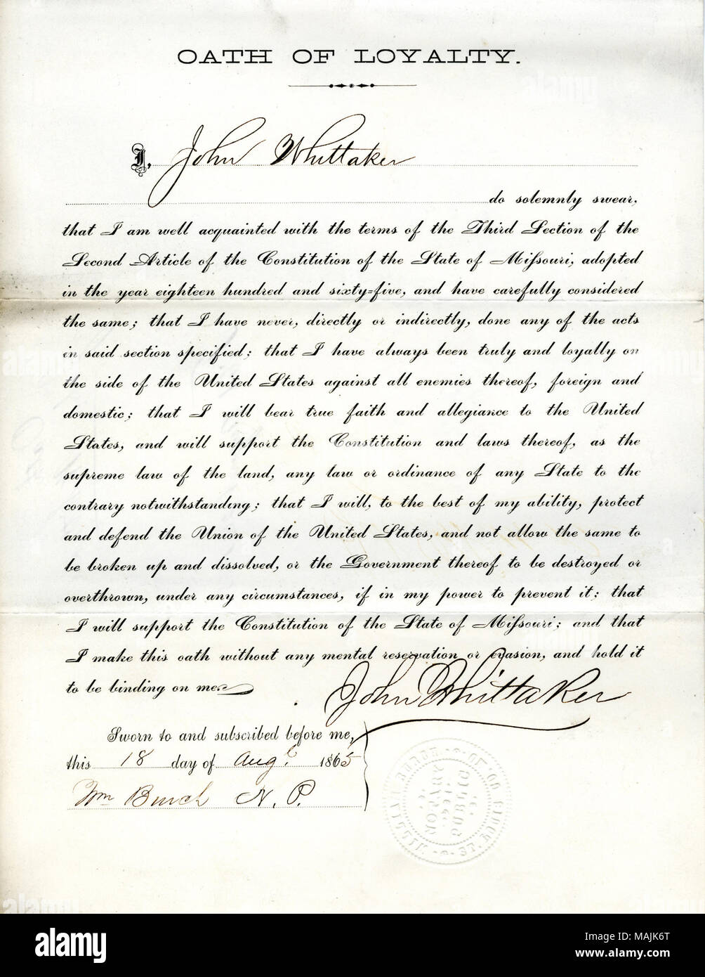 Giura di giuramento di fedeltà al Governo degli Stati Uniti e dello Stato del Missouri. Titolo: il giuramento di fedeltà di John Wittaker del Missouri, nella contea di San Luigi . Il 26 agosto 1865. Wittaker, J. Foto Stock