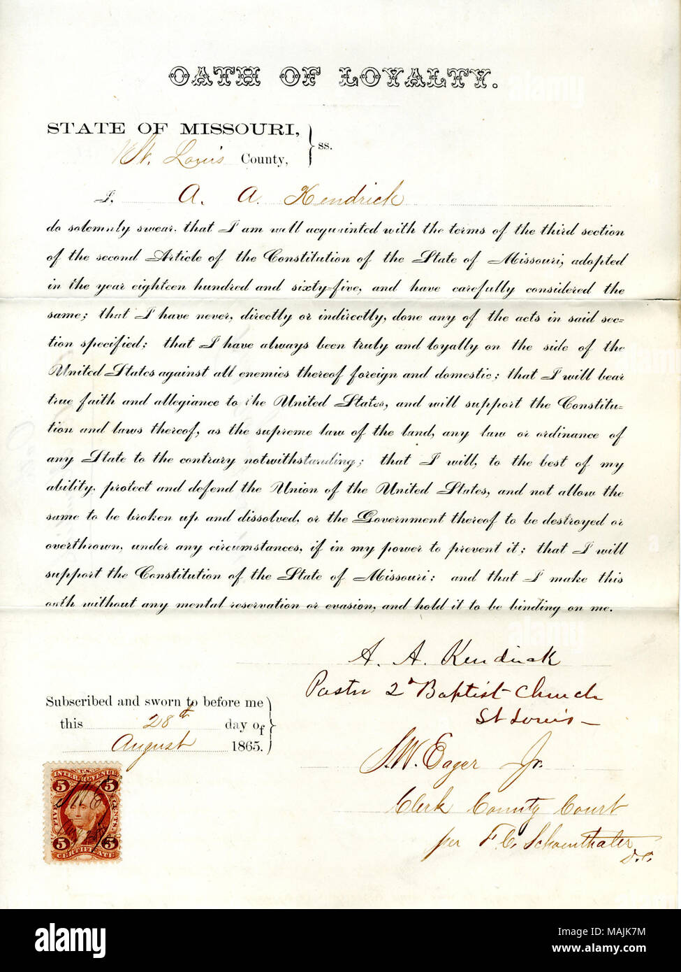 Giura di giuramento di fedeltà al Governo degli Stati Uniti e dello Stato del Missouri. Titolo: il giuramento di fedeltà di A. R. Kendrick del Missouri, nella contea di San Luigi . Il 28 agosto 1865. Kendrick, A. Foto Stock