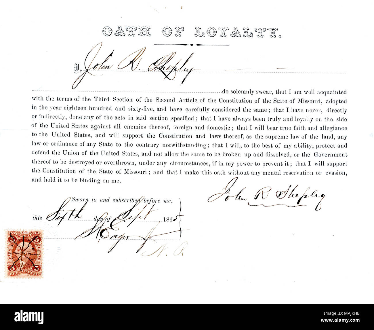 Giura di giuramento di fedeltà al Governo degli Stati Uniti e dello Stato del Missouri. Titolo: il giuramento di fedeltà di John R. Shepley del Missouri, nella contea di San Luigi . Il 6 settembre 1865. Shepley, J. Foto Stock