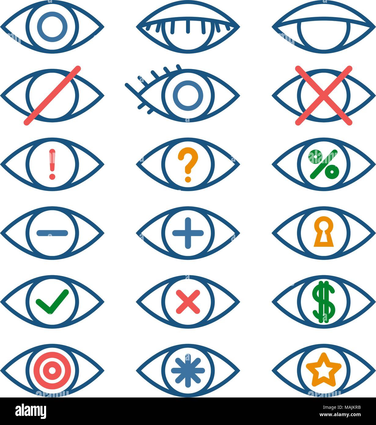 Colorate icone occhio per diverse azioni, set di contorno occhi pittogrammi, vettore icone di funzionamento Illustrazione Vettoriale