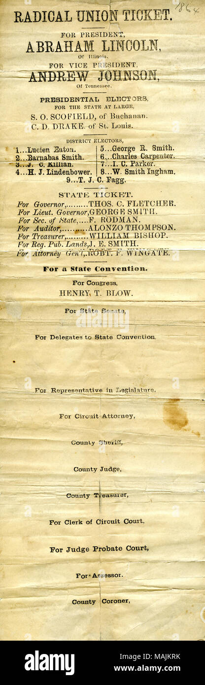 Titolo: partito politico biglietto (Missouri): 'Unione radicale Ticket,' 1864 . 1864. Foto Stock