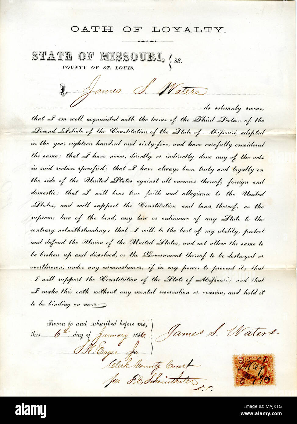 Giura di giuramento di fedeltà al Governo degli Stati Uniti e dello Stato del Missouri. Titolo: il giuramento di fedeltà di James S. acque del Missouri, nella contea di San Luigi . 6 gennaio 1866. Acque, James S. Foto Stock