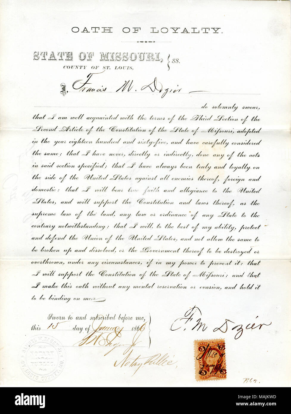 Giura di giuramento di fedeltà al Governo degli Stati Uniti e dello Stato del Missouri. Titolo: il giuramento di fedeltà di Francesco M. Più dozier del Missouri, nella contea di San Luigi . Il 15 gennaio 1866. Più dozier, F. Foto Stock