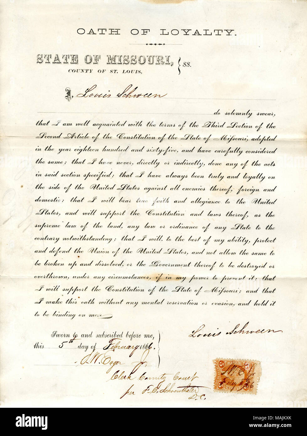 Giura di giuramento di fedeltà al Governo degli Stati Uniti e dello Stato del Missouri. Titolo: il giuramento di fedeltà di Louis Schween del Missouri, nella contea di San Luigi . 5 febbraio 1866. Schween, L. Foto Stock