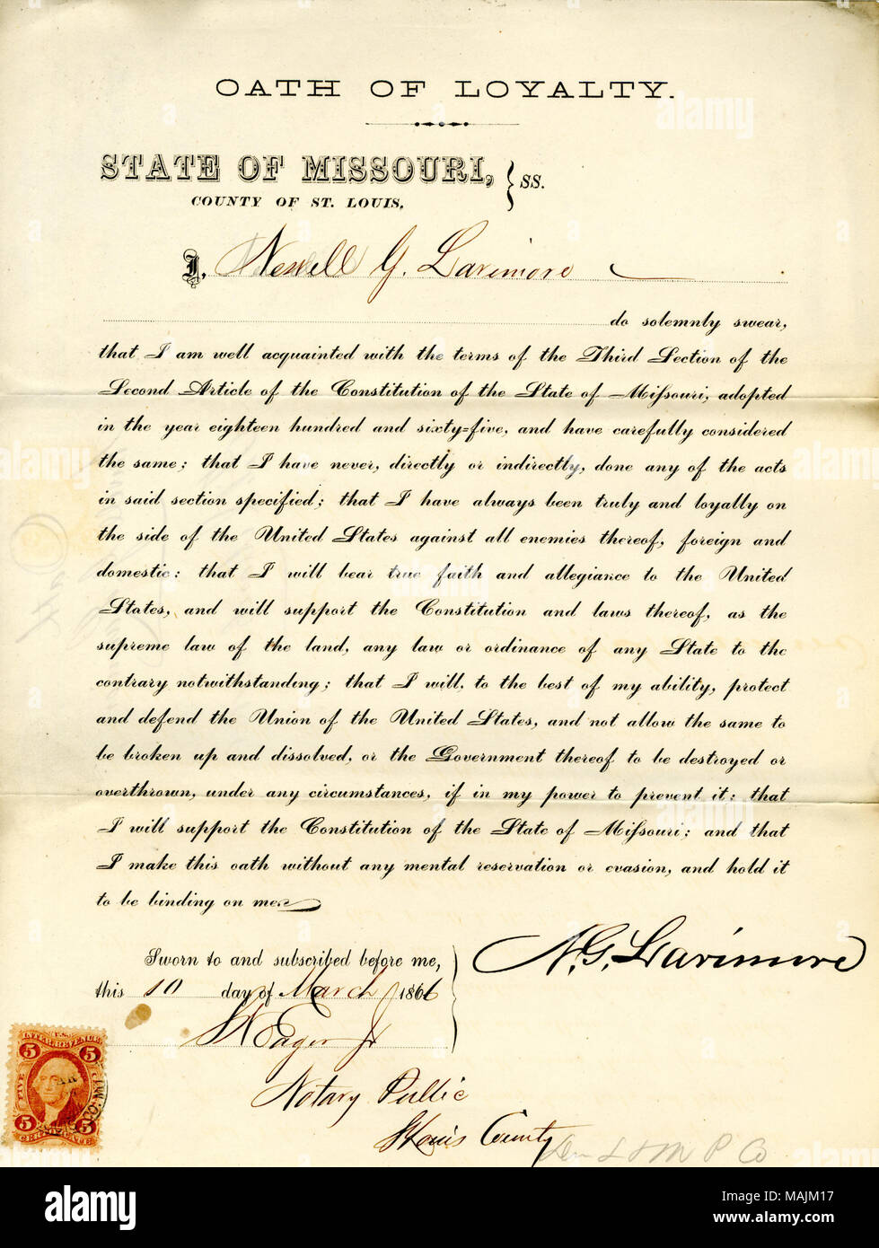 Giura di giuramento di fedeltà al Governo degli Stati Uniti e dello Stato del Missouri. Titolo: il giuramento di fedeltà del Newell G. Larimore del Missouri, nella contea di San Luigi . Il 10 marzo 1866. Larimore, N. Foto Stock