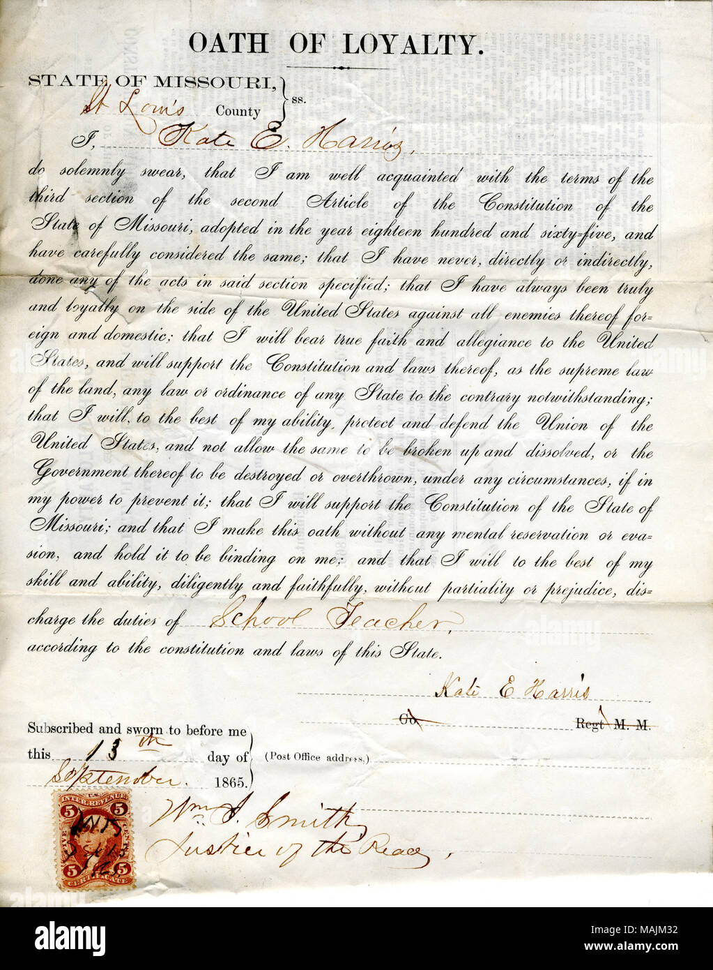 Giura di giuramento di fedeltà al Governo degli Stati Uniti e dello Stato del Missouri. Titolo: il giuramento di fedeltà di Kate E. Harris del Missouri, nella contea di San Luigi . Il 14 aprile 1866. Harris, K. Foto Stock