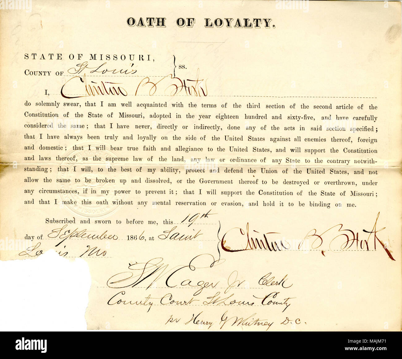Giura di giuramento di fedeltà al Governo degli Stati Uniti e dello Stato del Missouri. Titolo: il giuramento di fedeltà di Clinton B. Fisk del Missouri, nella contea di San Luigi . 19 settembre 1866. Fisk, C. Foto Stock