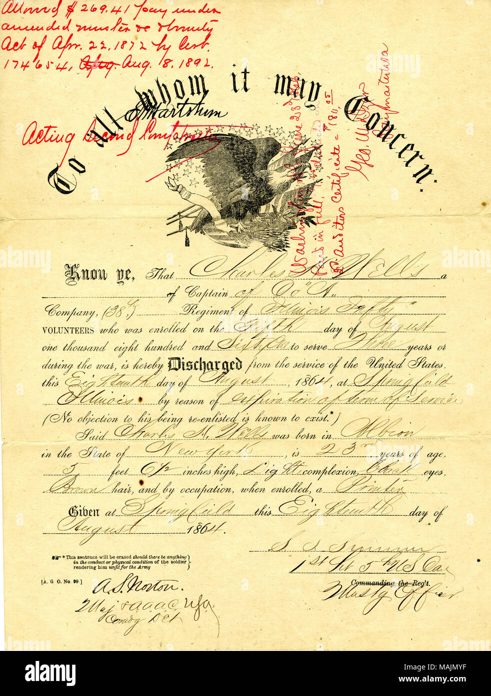 Membri che pozzetti è stata scaricata come capitano di una compagnia della trentottesima Illinois fanteria a motivo della scadenza del termine del servizio. Titolo: certificato di scarico di Charles H. Pozzi, Agosto 18, 1864 . Il 18 agosto 1864. Estate, S. S. Foto Stock