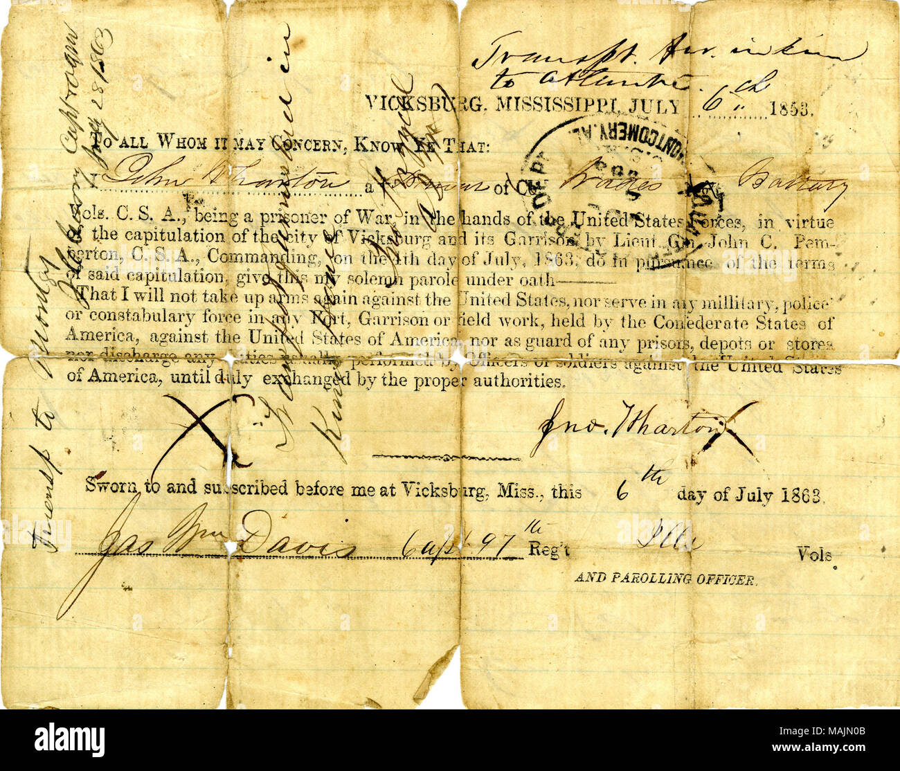 Membri che Wharton 'non prendere le armi di nuovo contro gli Stati Uniti né servire in qualsiasi militare o di polizia Constabulary vigore in qualsiasi forte guarnigione o il lavoro sul campo, detenuti dagli Stati Confederati d'America contro gli Stati Uniti d'America, né servire come guardia di qualsiasi delle carceri, depositi o negozi..." Titolo: parole e il giuramento di fedeltà di John Wharton, Luglio 6, 1863 . Il 6 luglio 1863. Wharton, Giovanni, -1864 Foto Stock