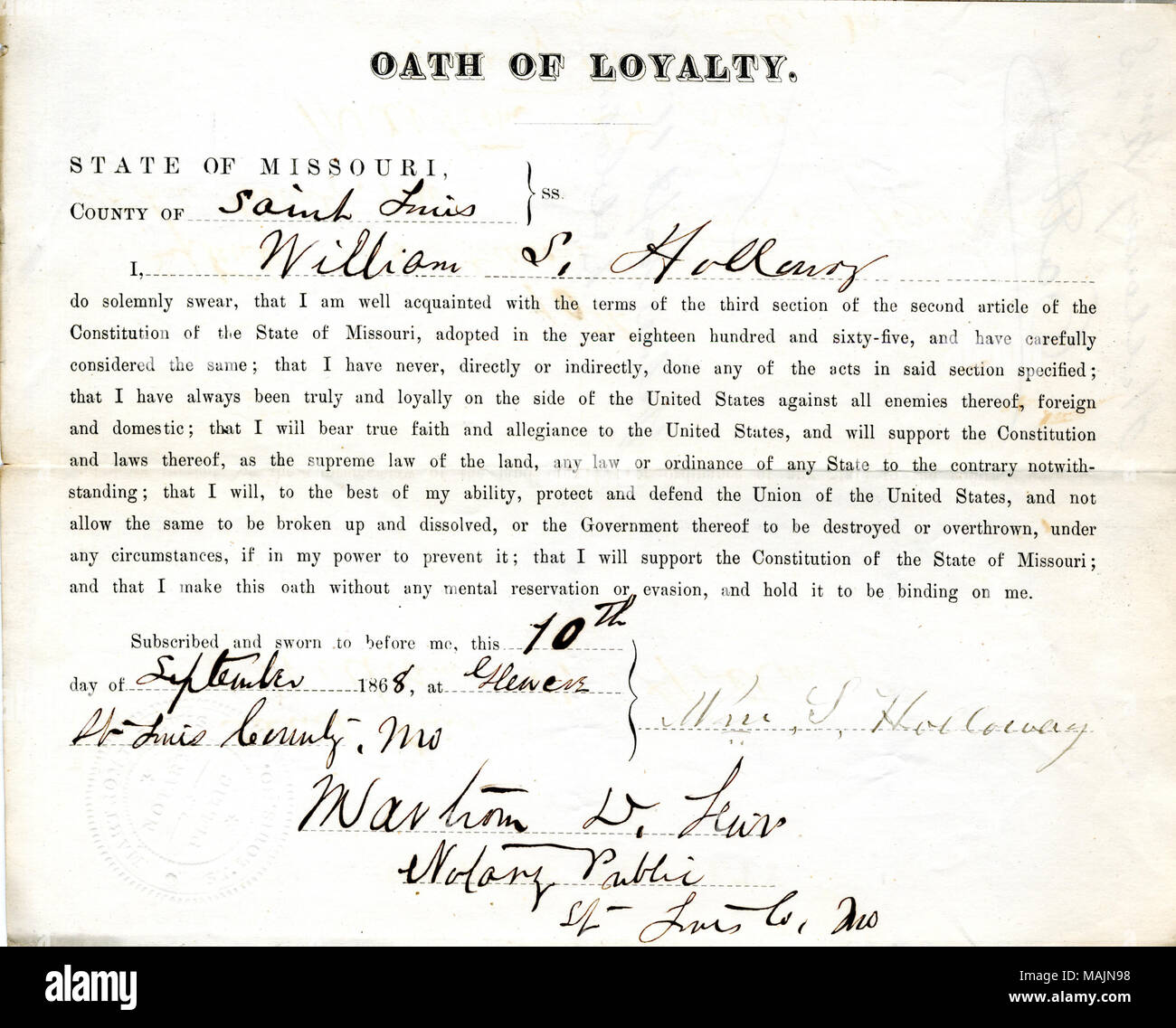 Giura di giuramento di fedeltà al Governo degli Stati Uniti e dello Stato del Missouri. Titolo: il giuramento di fedeltà di William S. Holloway del Missouri, nella contea di San Luigi . 11 settembre 1868. Holloway, W. Foto Stock