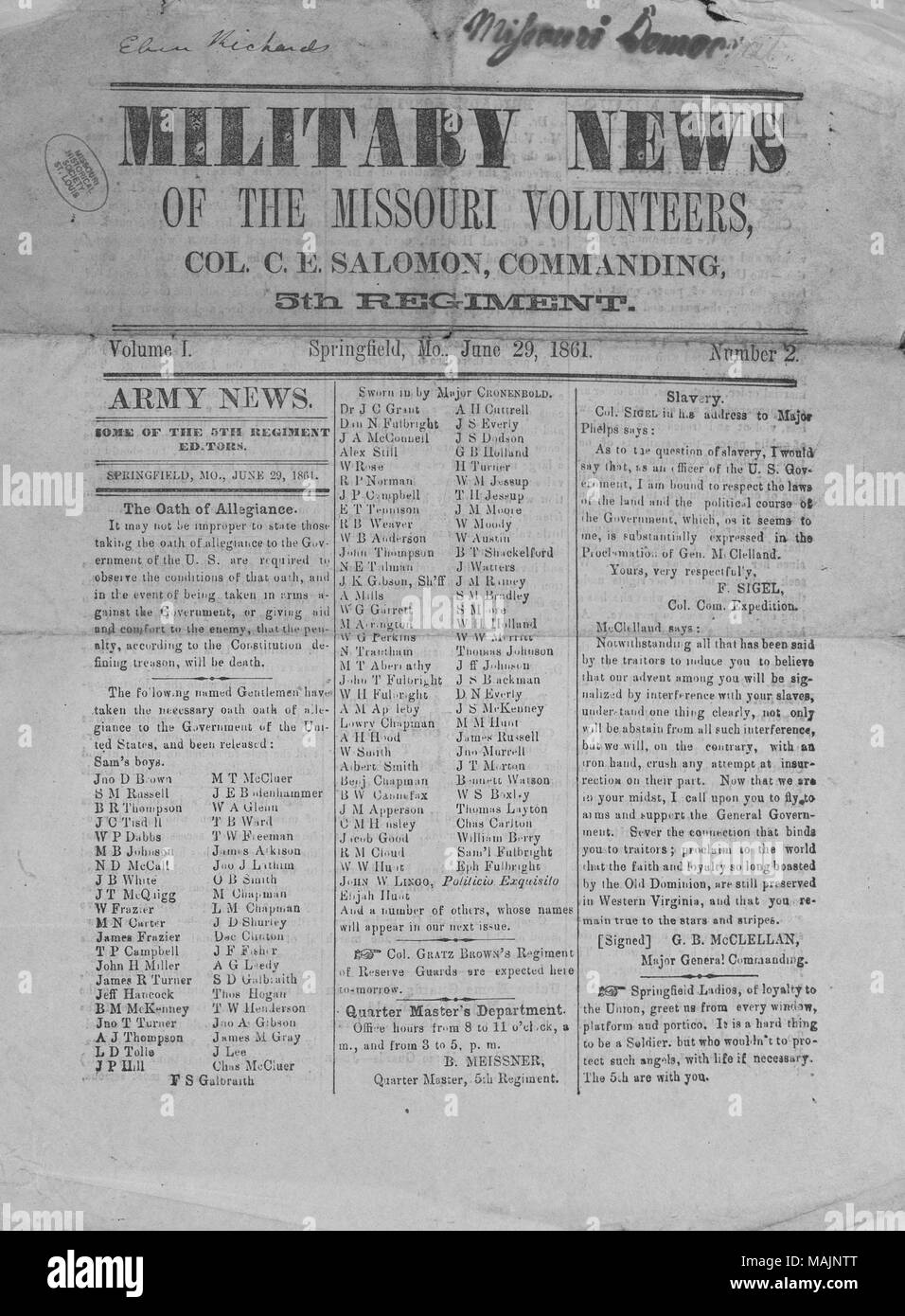 Contiene notizie dell'esercito, pubblicato dalla quinta Missouri Fanteria (3 mesi) (unione). Titolo: problema quotidiano di notizie militari del Missouri volontari, Giugno 29, 1861 . Il 29 giugno 1861. Notizie militari del Missouri volontari Foto Stock