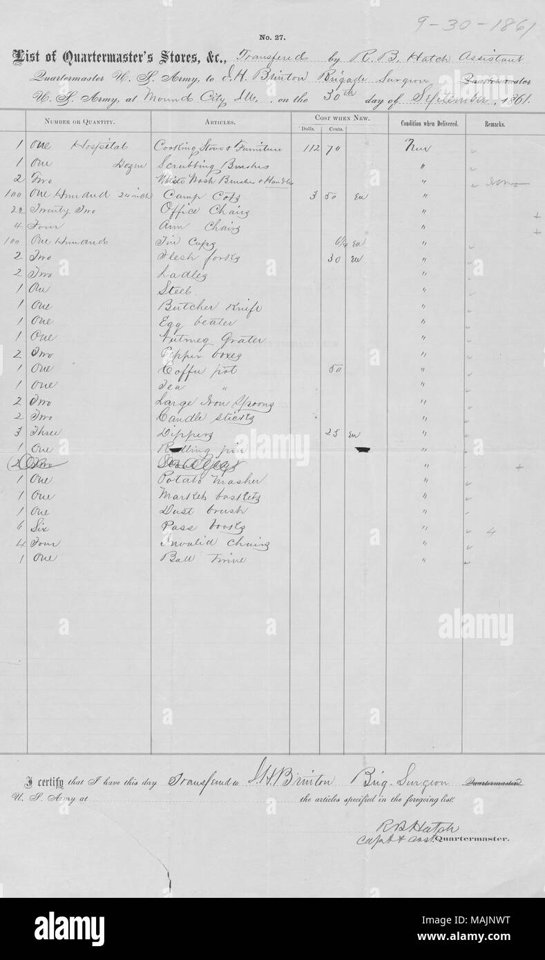 Include la dichiarazione che le forniture in elenco sono stati trasferiti a J.H. Brinton. Titolo: Elenco di Intendente di negozi a Tumulo City, Illinois, Settembre 30, 1861 . Il 30 settembre 1861. Berlina, R. B. Foto Stock