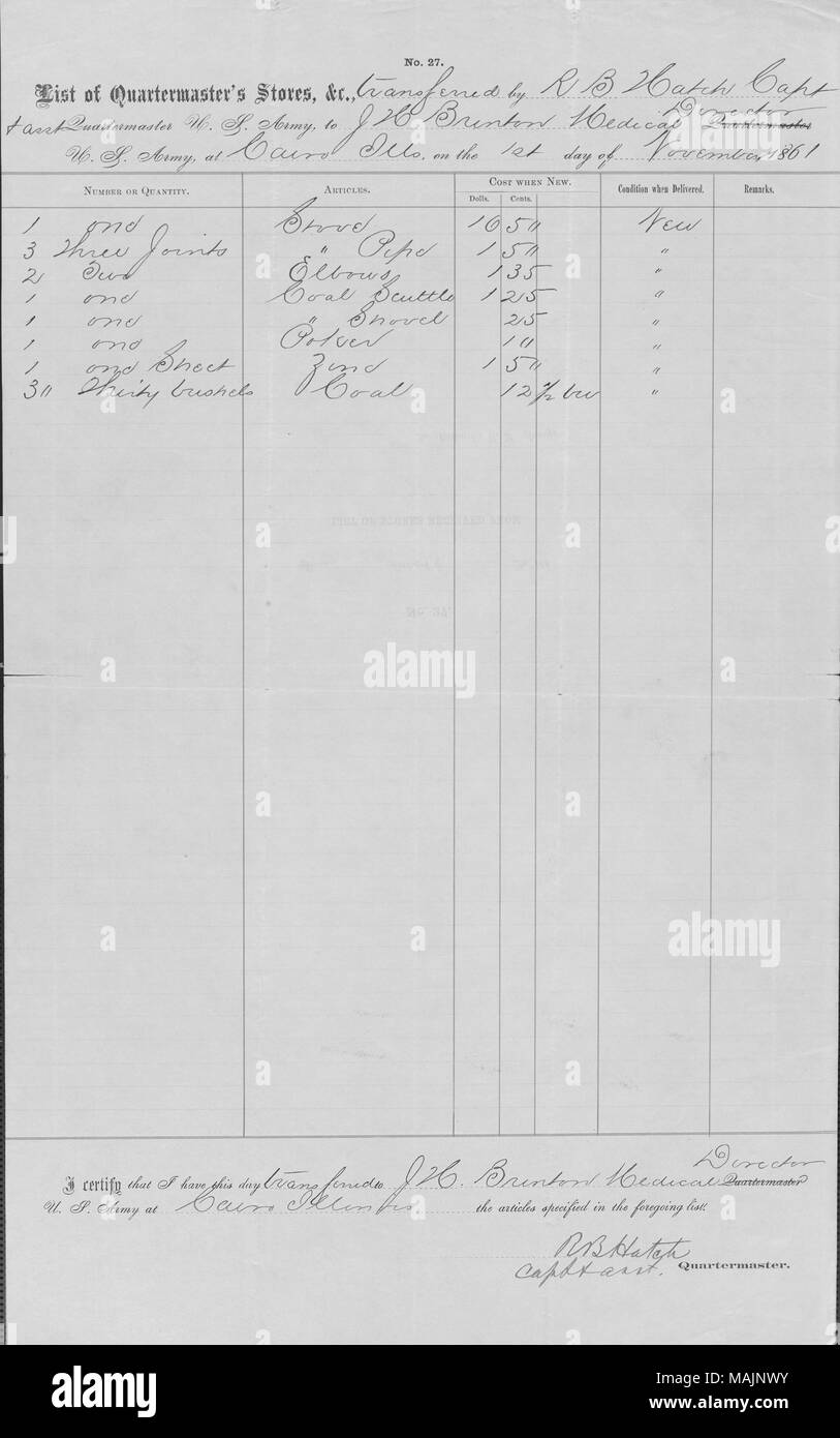Include la dichiarazione che le forniture in elenco sono stati trasferiti a J.H. Brinton. Titolo: Elenco di Intendente di negozi a Tumulo City, Illinois, firmato R.B. Berlina, 1 novembre 1861 . 1 novembre 1861. Berlina, R. B. Foto Stock