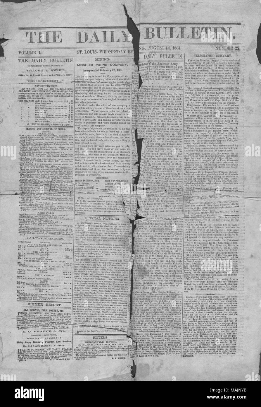 Include annuncio della legge marziale di essere dichiarati in San Louis, una descrizione generale di McClellan, guerra News e notizie letterarie. Titolo: Giornale rilascio del bollettino giornaliero, Agosto 14, 1861 . Il 14 agosto 1861. Bollettino di guerra Foto Stock
