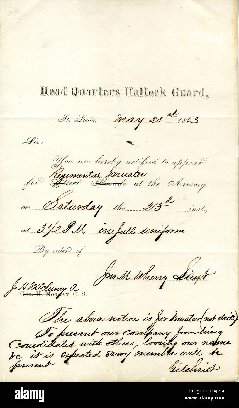 Citazione Caporale Thomas Eliot all'Armeria per Regimental Muster sabato 23 a 3:30 pm in pieno uniforme. Titolo: Notifica del Halleck Quartier Generale della Guardia, St. Louis, a Thomas Agnello Eliot, 21 maggio 1863 . Il 21 maggio 1863. Wherry, John Foto Stock