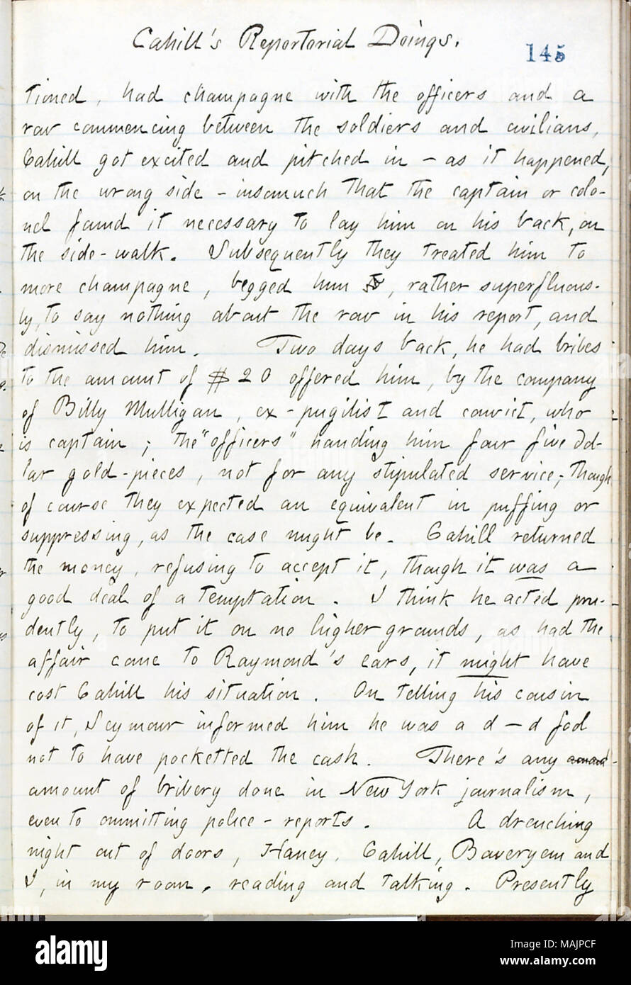 Menziona le società militari cercando di corrompere Frank Cahill per scrivere relazioni favorevoli di loro. Titolo: Thomas Butler diari Gunn: Volume 16, pagina 166, 10 maggio 1861 . Il 10 maggio 1861. Gunn, Thomas Butler, 1826-1903 Foto Stock