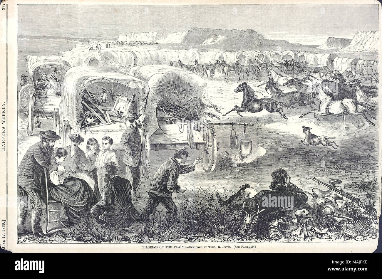 Da Harper's settimanale, 12 giugno 1869. Titolo: "I pellegrini della pianura." . 1869. Theo. R. Davis Foto Stock