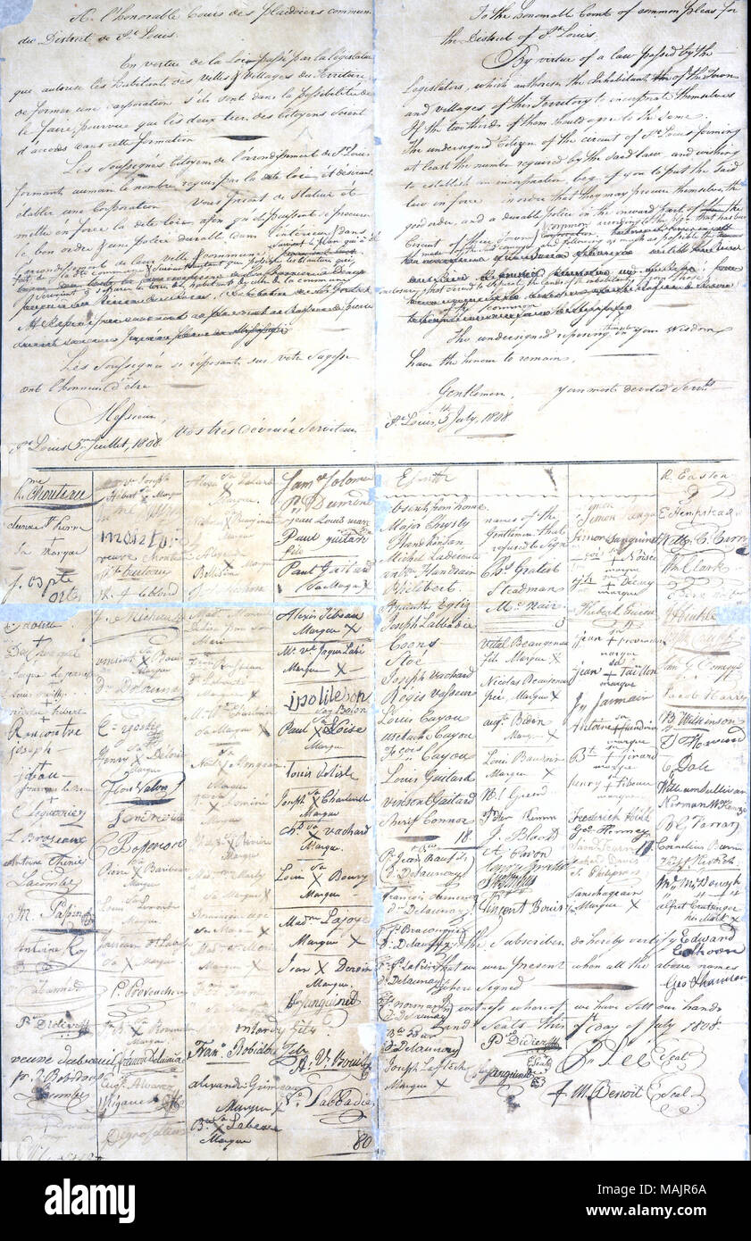 Titolo: Petizione per il permesso di incorporare dagli abitanti di San Louis, 5 luglio 1808 . Il 5 luglio 1808. Foto Stock