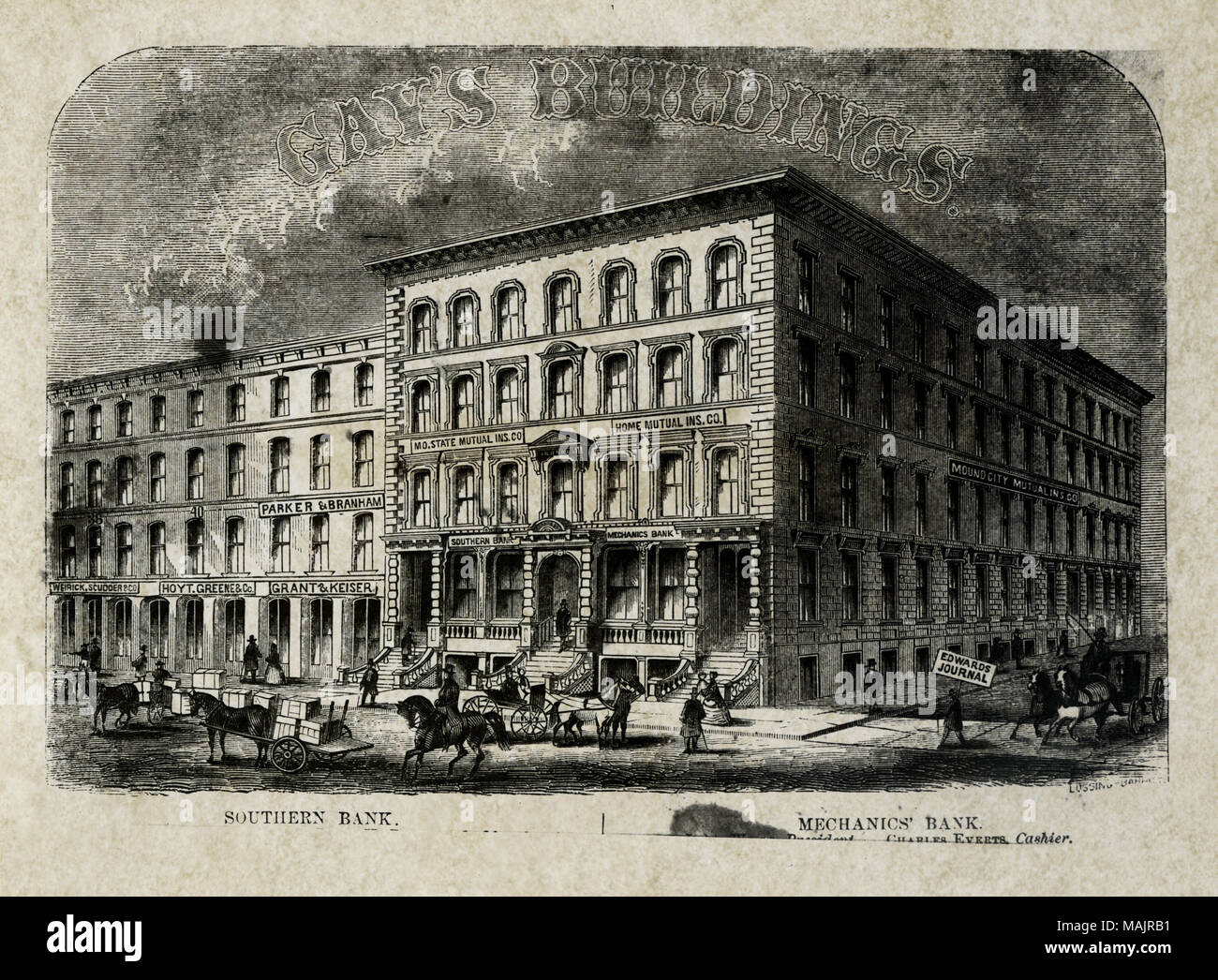 Titolo: Sud della Banca e Banca di meccanica, angolo sud-ovest della seconda e strade di pino. . 1857. Lossing-Barritt Foto Stock