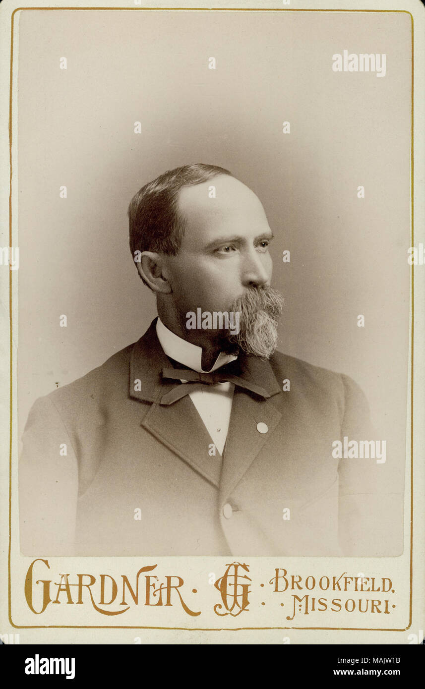 Busto ritratto di George W. Martin indossa una tuta ed il filtro bow tie, con la testa girata verso destra. "GARDNER' e 'BROOKFIELD, MISSOUIR." (stampato immagine sotto). Titolo: George W. Martin, primo tenente, XXV Ohio Volunteer Fanteria (unione). . Circa 1880. Gardner, Brookfield, Missouri Foto Stock