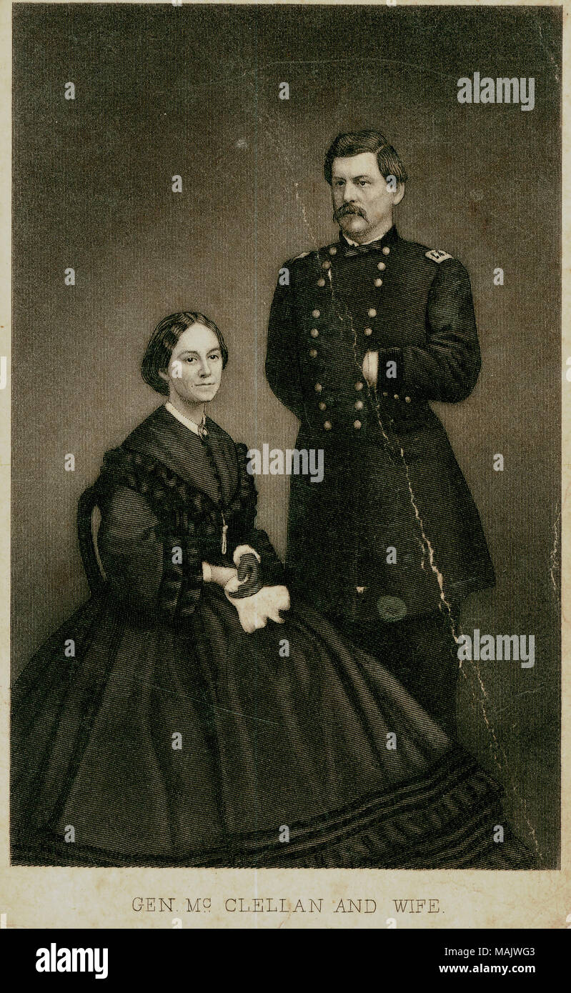 Ritratto a figura intera di un uomo e di una donna. L'uomo è in uniforme e permanente. La donna che indossa un abito ed è seduto. 'GEN McCLELLAN E MOGLIE' (stampato immagine sotto). Mary Ellen Marcy era la moglie del gen. McClellan. Titolo: George B. McClellan, Generale (unione), e Mary Ellen Marcy. . Tra il 1861 e il 1865. Foto Stock