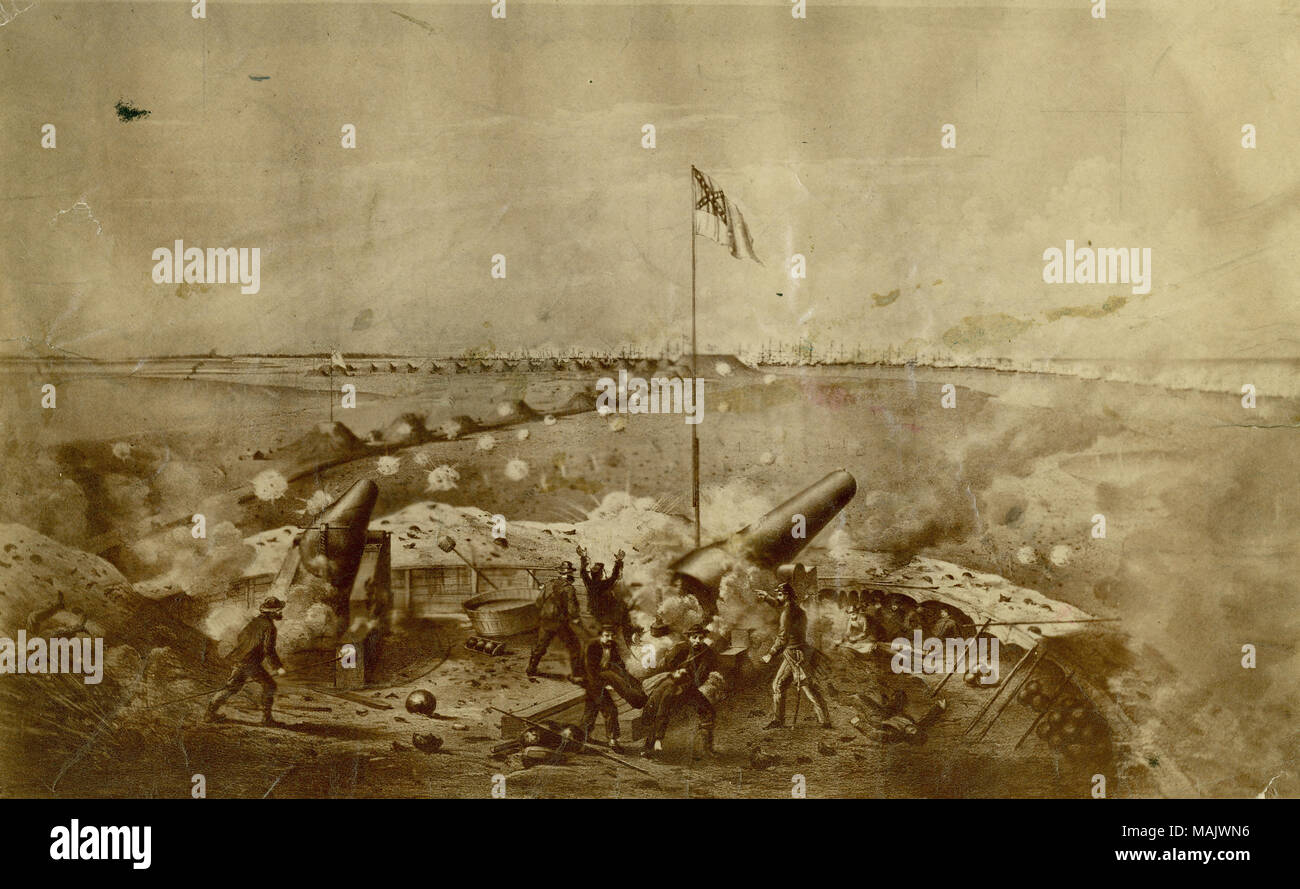 Immagine di due grandi cannoni e gli equipaggi in primo piano con un confederato bandiera, pile di palle di cannone, e gli uomini accoccolati dietro breastworks. Ci sono diverse navi in background. "Bombardamento di Fort Fisher, 15 gennaio 1865. Scena all'interno di Fort Fisher presi da tumuli Batt foto dell'originale da Walke- - ' (scritto sul lato inverso). Titolo: Fort Fisher. . Tra il 1861 e il 1865. Foto Stock