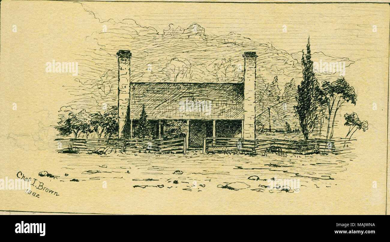 Schizzo di una cabina con due camini e un recinto. 'L'sopra è un disegno della casa ora su una porzione del terreno su cui è stata combattuta la battaglia di Pea Ridge. Durante la battaglia della casa, poi su di esso (essendo il solo uno) è stata bruciata, lasciando solo il chimnies [sic], sopra illustrato, in piedi. Il contenitore tra di essi e il tunnel, come sopra accennata, poiché sono state effettuate. Il disegno è stato realizzato da Carlo I di marrone e da lui, con alcune palline e una cartuccia inutilizzata prelevati su campo è presentato alla società Albert Todd." (scritta sotto lo schizzo). Titolo: cabina a Pea Ridge. . 1882. Foto Stock