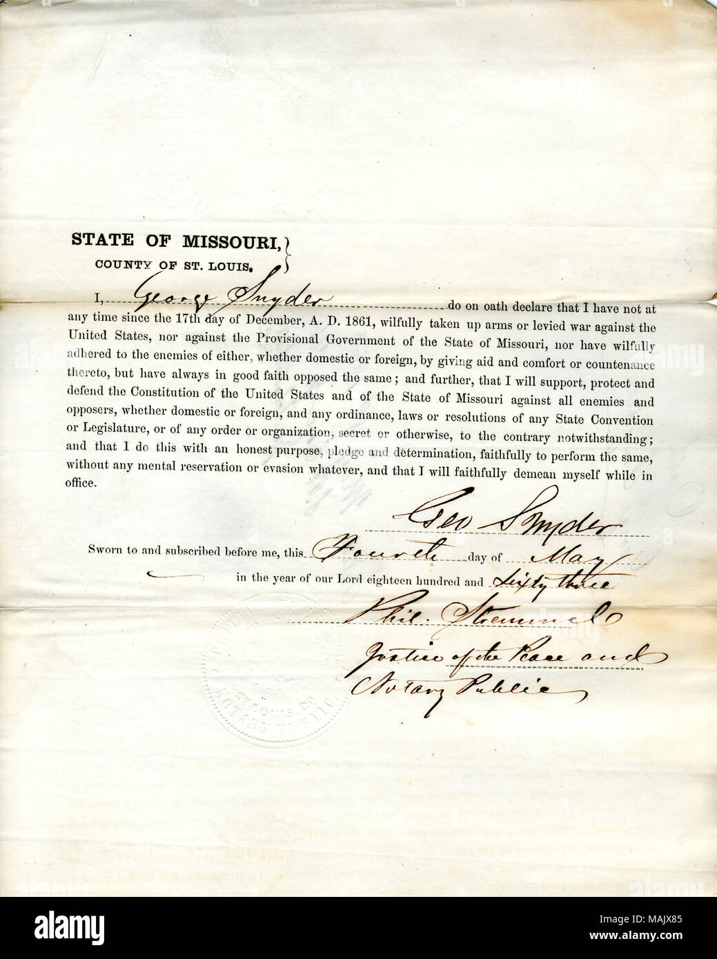 Giura di giuramento di fedeltà al Governo degli Stati Uniti e dello Stato del Missouri. Titolo: il giuramento di fedeltà di George Snyder del Missouri, nella contea di San Luigi . Il 9 maggio 1863. Snyder, G. Foto Stock